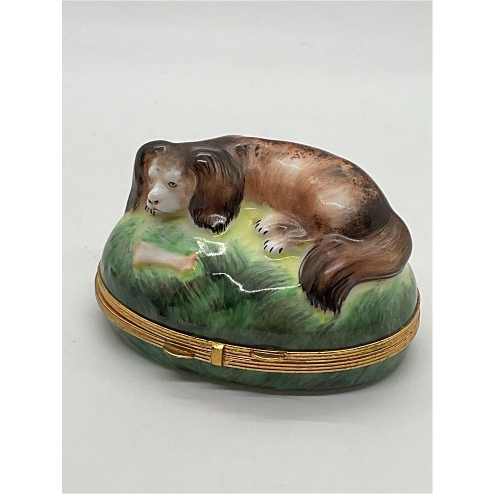 Vintage Limoges Rochard Hand-Painted Porcelain Trinket Box with Resting Dog